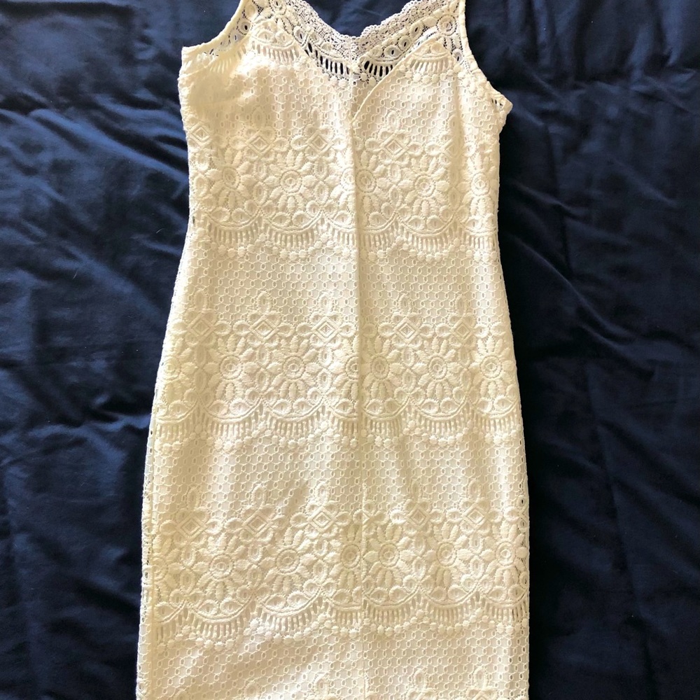 White Lace Form Fitting Midi Dress for Sale